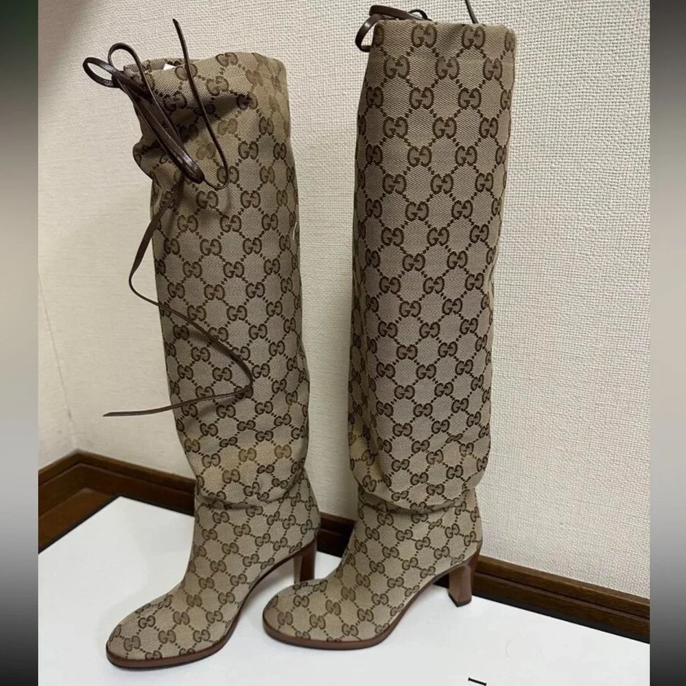 Gucci Brown Monogram Heeled Boots - Picture 3 of 6